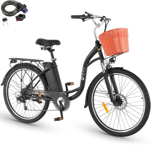 DYU Bicicletta Elettrica, 26 Bici Elettrica per Adulti, 12,5 Ah 36V Batteria Rimovibile, Motore 250W, Shimano 7 Velocità, Autonomia di 65 km E-bike con cestino, Freno a Disco, Uomo e Donna Nero