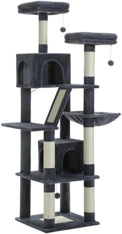 PETEPELA Árbol rascador grande, de 180 cm, para gatos grandes, con 6 columnas de sisal, 2 tablas para rascar, 2 plataformas, 1 hamaca, 2 pelotas de juego, tela de felpa, gris oscuro