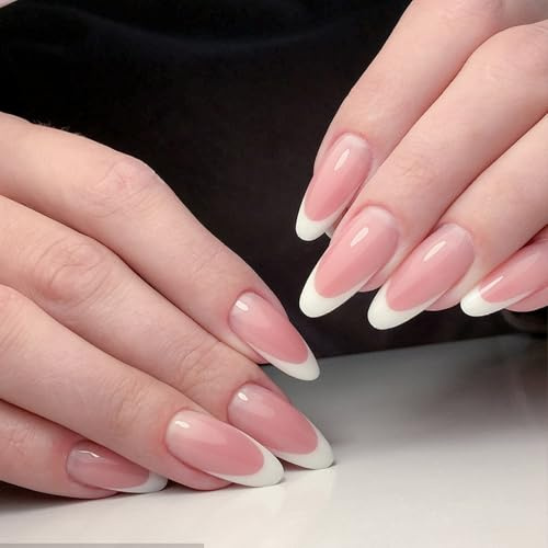 UOCAI Lot de 24 faux ongles à pression French Tip, ongles artificiels brillants, faux ongles en amande auto-adhésifs, faux ongles chromés, faux ongles à couverture complète brillants