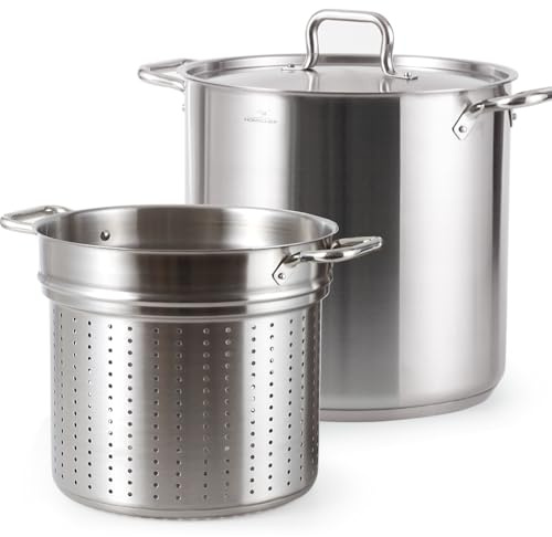 HOMICHEF 20 L Nickel Free Stainless Steel Pasta Pot with Strainer and Lid - Commercial Grade Stainless Steel Veggie Steam Baskets - Matte Polished Induction Steamer Pot Strainer Set