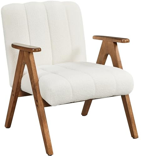 Yaheetech Boucle Mid Century Accent Chair Set of 1, Modern Upholstered Living Room Chairs with Solid Wood Legs, Reading Armchair for Bedroom Small Spaces
