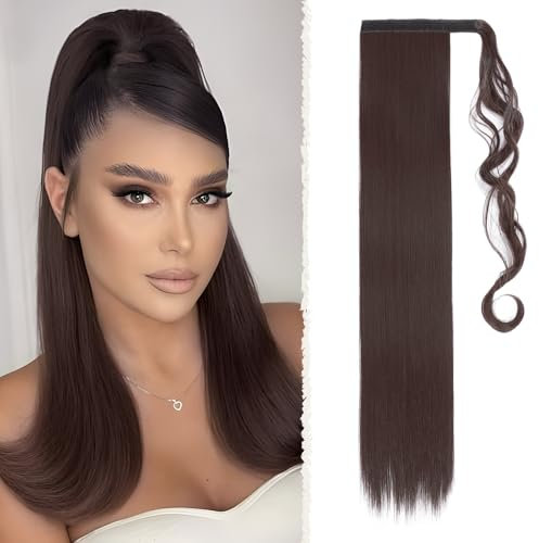Benehair Lang Glattes Pferdeschwanz Haarteil Synthetik Haarverlängerung Zopf Ponytail Extension Haarteil Zopf Braun Haar Extension für Damen Mädchen Braun 66cm
