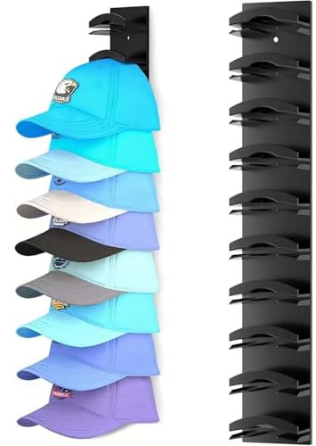Hat Organizer for Baseball Caps, Hat Rack for Wall, Cap Rack Adhesive/Drilled Hat Hooks, Hat Hanger Holder Hold Up to 10 Hats, Baseball Cap Hat Storage Display for Door, Closet, Bedroom (Black)