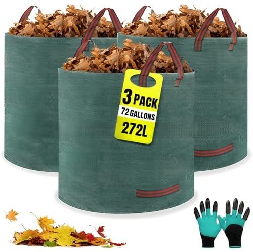 Lanyesky 3 x 272L sacchetti da giardino, sacchetti per rifiuti da giardino, guanti inclusi, 4 maniglie, autonomo, impermeabile, sacchetto per foglie durevole e resistente alla corrosione, adatto per