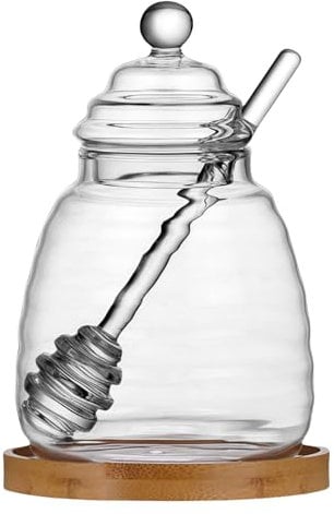 MEETOZ Glass Honey Pot,with Spoon and Lid Honey Container,Equipped with wood tray Honey Jar,for Storing and Dispensing Honey - 500 ml