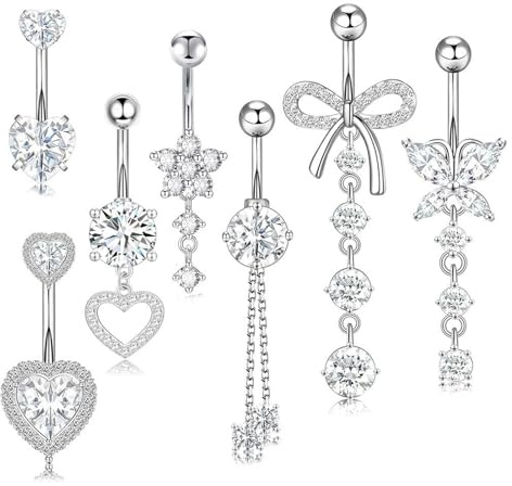 Belly Button Bars Stainless Steel 14G Dangly Navel Piercing Jewelry Set | Belly Bar, Silver Gold Blue Pink, Flower Butterfly Heart Design, Women Girls Body Jewelry, 14G Navel Bars, Dangly Belly Rings