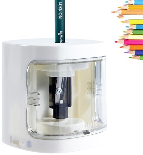 tenwin Electric Pencil Sharpener, Battery Operated Automatic Sharpener for 6-8mm No.2/Colored Pencils, Durable Blade to Fast Sharpen, Suitable for School/Classroom/Office/Home (White)