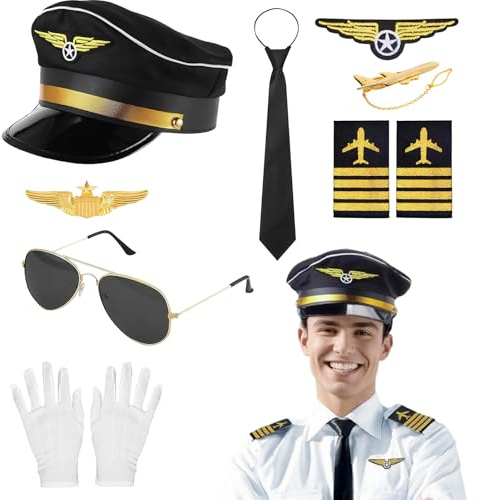 Matreeglam Pilot Hat Costume Set Adults Flight Attendant Fancy Dress Kit Captain Party Cosplay Accessories Airline Stewardess Costume Hat Brooch Gloves Sunglasses for Halloween Dress Up Flying Partys