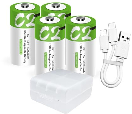 4 Stück C Akku USB Type-C C Lithium Ionen Aufladbare Akkus, High Capacity 1,5V 3300mAh 5000mWh wiederaufladbare batterien Lithium Akku, 2.5 Stunden Schnellladung, with Charging Cable
