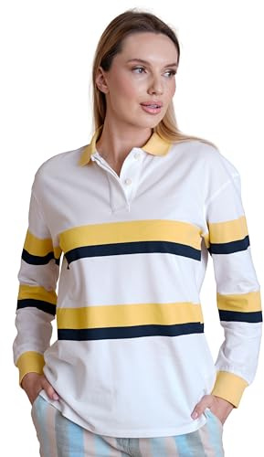 Enorsia Womens Rugby Polo Shirt Striped Long Sleeve Polo Shirt Relaxed Fit, Contrast Collar, Casual Cotton Pullover for Sports Travel & Everyday Wear Ladies Polo Tops