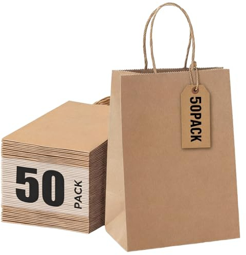 OFFASST 50 Stück Papiertüten mit Henkel, geschenktüten für Einkaufen, Hochzeiten, Verpackungen, Partys, Geburtstag, Weihnachten(Braun - 15x8x21cm)