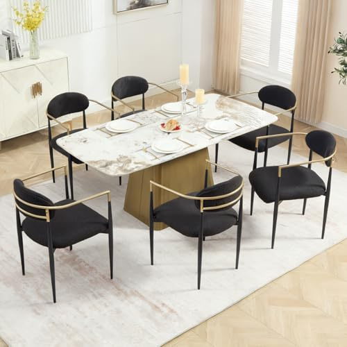 Relbiety Esszimmerstühle 6er Set Schwarz mit Rückenlehne Moderne Küchenstühle aus Bouclé Stoff mit Metallbeinen,Wohnzimmerstühle mit goldenen Armlehnen für Küche,Wohnzimmer,Schlafzimmer