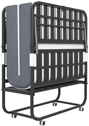 phosir Klappbett 96x190 cm mit Memory-Schaum Matratze 9,5 cm - Rollbett & Gästebett, Stabiler Metallrahmen, 4 Lenkrollen, Faltbar, Bis 136kg Belastbar, Grau, Inkl. Matratze & Lattenrost