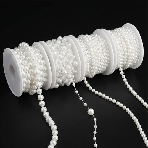 4 Stück Perlenkette, künstliche Perlen Angelschnur Perlenband Bastel Deko Perlengirlande Perlenschnur Rollokette für Hochzeiten Party Blumenschmuck Handwerk Haarschmuck Tischdeko 4/6/8/8+3mm (Weiß)