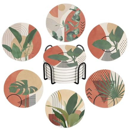 WWOOPLL Drink Coasters Set of 6, Modern Boho Tropical Leaves Absorbent Round Ceramic Stone Mat Coaster, with Cork Base and Metal Holder, Anti-Slip Cork Bottom for Mugs and Glasses