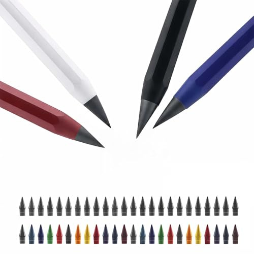 Qibivfo 52er Set Metall Tintenlose Bleistifte – 4 Unendliche Infinity Pencil mit 48 Wechselköpfen, Ewiger Bleistift ohne Anspitzen, Glattes Schreiben für Kinder ab 3 Jahren & Erwachsene