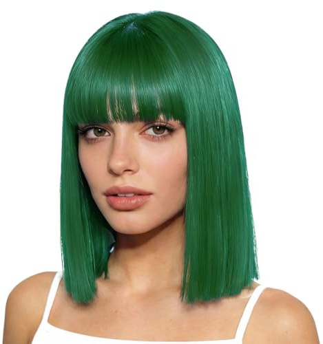 PARXITN Parrucca Donna Verde erba Bob Corta con Frangia 30 cm Capelli Lisci per Feste in Costume Cosplay Halloween Carnevale per Donne Adulti