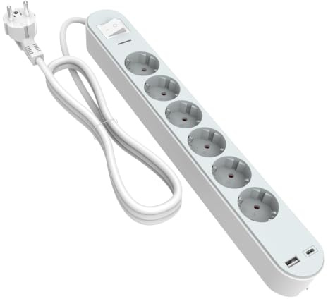 6-Fach Steckdosenleiste Überspannungsschutz, TÜV Zertifiziert | USB-A & USB-C 20W PD, Kindersicherung, Schalter, Wandmontage, 1,5 m Kabel, 16A/3680W – für Zuhause und Büro