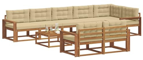 vidaXL Outdoor-Sofagarnitur mit Kissen 9 pcs Natur und Beige, Outdoor-Sitzmöglichkeiten, Garten-Lounge-Sofaset, Langlebige Terrassen-Sektional, Modernes Gartenmöbel
