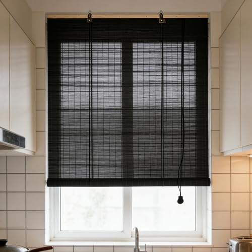 110x190cm Schwarz Bambusrollo für Fenster Sonnenschutz Bambus Raffrollo | Outdoor Rollo Wetterfest Anti-UV Blackout Sichtschutz Jalousie Mit Lifter für Garten Terrasse Balkon Dekoration