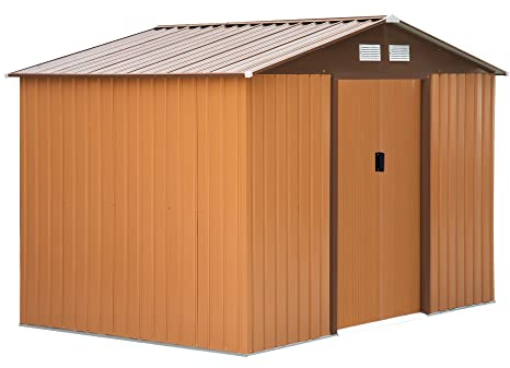 Outsunny Caseta de Jardín Exterior 4,9 m² 277x195x192 cm Cobertizo de Jardín Exterior con Puerta Corredera Techo Inclinado Base Refuerzo (Suelo NO Incluido) y 4 Ventanas Amarillo