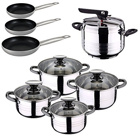 San Ignacio Olla a PRESIÓN 5L SIP Duna BATERIA Cocina 8 PCS Set 3 SARTENES Professional Chef 10/20/24, Cromado, 18/20/24 (PK1119)
