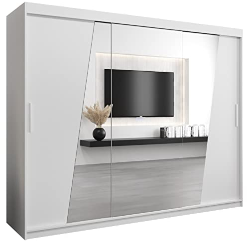 MEBLE KRYSPOL Rhomb250 Schlafzimmerschrank mit DREI Schiebetüren, Spiegel, Kleiderstange und Regalen – 250x200x62cm - Mattweiß