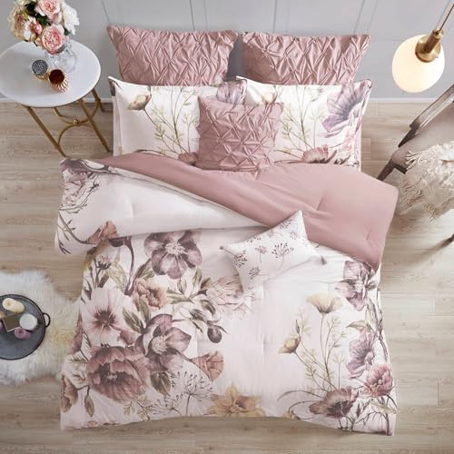 Madison Park Parure de lit Douce 8 pièces, Motif féminin imprimé Floral coloré, Coton, Rose pâle, Grand lit