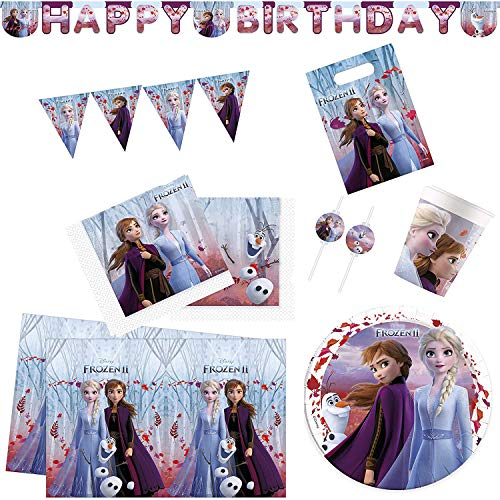 Procos 10134723 - Partyset XXL Disney Frozen 2, 49-teiliges Set, 8 Teller, 8 Becher, 4 Strohhalme, 20 Servietten, 1 Tischdecke, 6 Tüten, 2 Girlanden, Anna, Elsa, Olaf