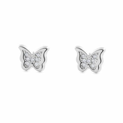 Pendientes Niña Oro Blanco 9K Mariposa Circonitas Brillo - Certificado Garantía - Mondepetit - 2534