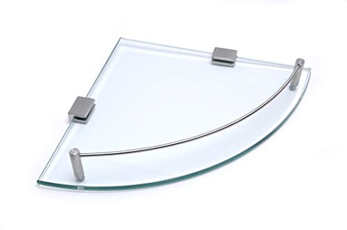 BSM Marketing Étagère d'angle en Verre de sécurité trempé de 8 mm d'épaisseur avec Rail en Acier Inoxydable et Supports muraux pour Salle de Bain, Chambre à Coucher, Cuisine, Bureau - 250 x 250 mm