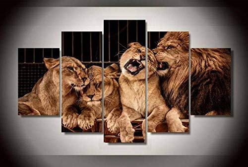 Impression sur Toile intissée 5 Pieces Lion et petit Image sur Verre Tableau Mural sur Toile Photo Motif Moderne Art Décoration (sans cadre)