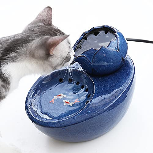 BIGYOUZI Fontaine à eau en céramique pour chat - Lotus vertical - Filtre de circulation automatique (bleu)