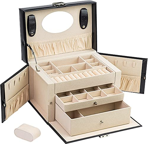 AdelDream Damenschachtel PU-Leder Medium Juwelierlocker mit Schloss Geeignet für Heimfahrt um Ringe Ohrringe Halsketten und armbänder zu lagern 3 Ebenen J06-Schwarz