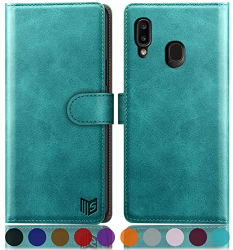 SUANPOT [RFID Schutz für Samsung Galaxy A20e hülle PU Leder handyhülle Lederhülle klapphülle Kartenfach Flip Phone Case Cover für Samsung A20e Handy hülle Phone case Cover Blau Grün