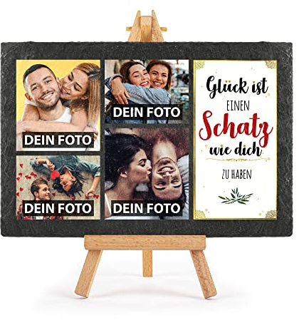 Schieferplatte selbst gestalten - mit 4 Fotos bedrucken - Glück ist einen Schatz wie dich zu haben - Geschenk Valentinstag, Jahrestag, Hochzeit, Geburtstag, Schiefertafel mit Staffelei, 20 x 30 cm