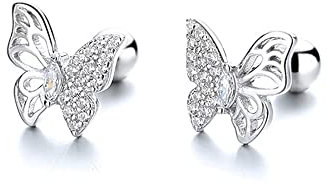 Orecchini a perno in argento Sterling 925 con ciondolo a forma di farfalla, 18 g, con cristalli di Zriconia e cartilagine, trago, elica, con chiusura a vite, per donne e ragazze, Oro bianco