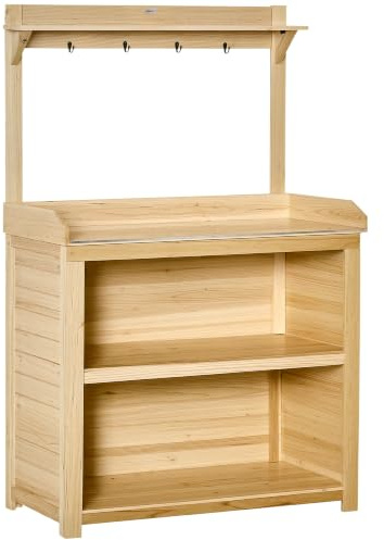 Outsunny Garden Potting Bench Table with Galvanized Metal Tabletop Hooks | Wooden Workstation Bench, Storage Shelves, for Patios, Courtyards, Balcony