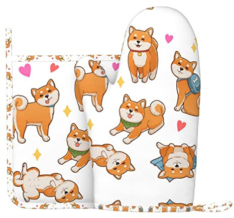 Niedliche Shiba Inu Hunde-Ofenhandschuhe und Topflappen, bedruckt, für Küche, Mikrowelle, Backofen, Handschuhe, um Verbrennungen zu verhindern