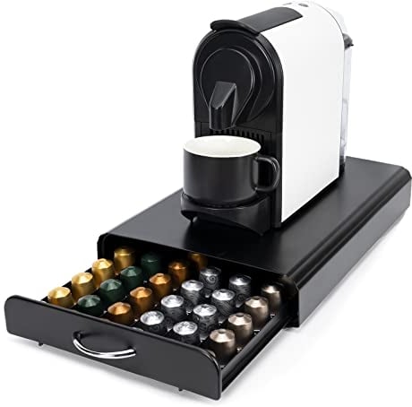 SYSYLY Kapselhalter, Kapsel Schublade zur Aufbewahrung für Nespresso Kapseln, Organiser für 60 Stück, Metall, Schwarz.