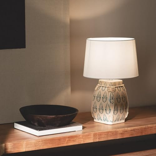 LEDKIA LIGHTING - Tischleuchte Keramik Ariché | Handgefertigtes Design | E27 Sockel für 220-240V AC | IP20 Schutz für Innenbereich | Mediterrane Atmosphäre, Weiß, Stoff, Keramik