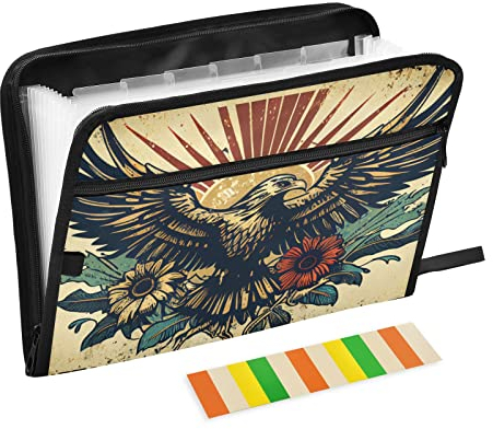 Amerikanischer Vintage-Aktenordner mit Adler und Blumen, 13 Fächer, A4-Papier, Dokumenten-Organizer, Ordner mit Reißverschluss, für Büro, Lehrer, Studenten, Bibliothek, Krankenschwester, Geschenke