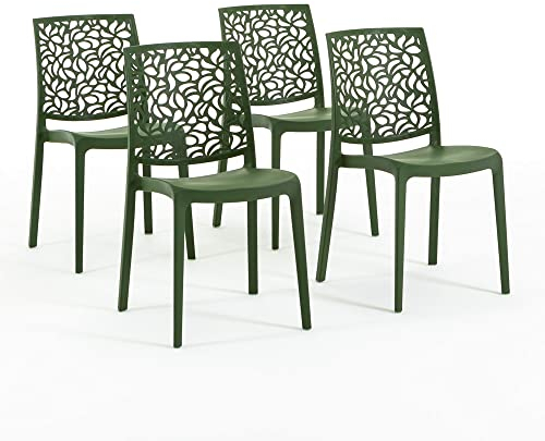 RATTATAN Anna - Stühle aus glasfaserverstärktem Harz, stapelbar, für den Innen- und Außenbereich geeignet, mit einem von Blättern inspirierten Rückendesign (4, Olive)