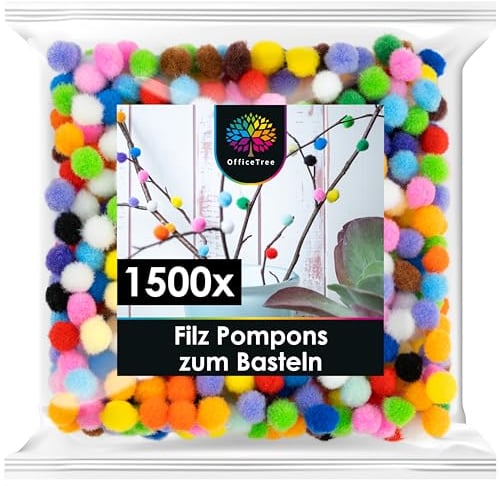 OfficeTree 1500 Bunte Pompons zum Basteln 10mm - Filzkugeln Bunt Klein - Mini Pompons Bunt - Pompoms zum Basteln für Kinder und Erwachsene - Dekorieren Verzieren Nähen DIY