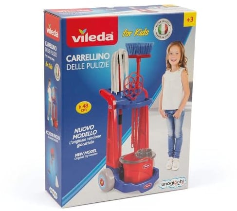 Vileda, Carro del hogar, 5 Piezas, Carro, Escoba, Cuero, Escoba con Flequillos y matatazos, Reproducción Productos Marca Vileda, Juguetes para Niños a Partir de 3 Años, GIOCHI PREZIOSI, VLE02