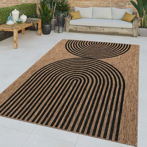 TT Home In-& Outdoor Teppich Wetterfest Balkon Flachgewebe Geometrischer Ethno Style, Farbe:Schwarz Braun, Größe:240x340 cm