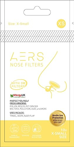 AERS - Filtri nasali con tecnologia di filtrazione per alleviare allergie, polvere, inquinamento, extra piccoli, confezione da 10 con custodia da viaggio