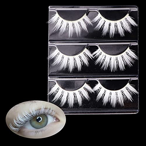 3Pairs White False Eyelashes Natural Look Eye Lashes Wispy Faux Mink Lashes,Reusable Strip Lashes 3D Fluffy White Fake Eyelash for Halloween Cosplay Masquerade Party