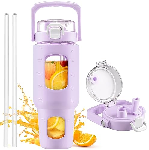 HYDRAGLAZIC 1200ml Glass Water Bottle mit Strohhalm und Deckel, Glasbecher mit Zeit- und Wassermarkierung, Eiskaffeebecher mit Silikonhülle, Reise-Kaffeebecher Passt in Autohalterung Violett