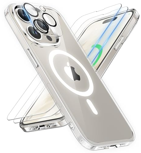 ORETECH Magnetic Case for iPhone 15 Pro Case with 2 HD Screen Protector 1 Camera Protector, Fit for MagSafe, Anti Yellowing Military Grade Shockproof Ultra Slim Phone Case Cover - Clear